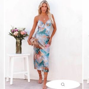 COPY - Cosmo Marble Print Satin Slip MIDI Dress